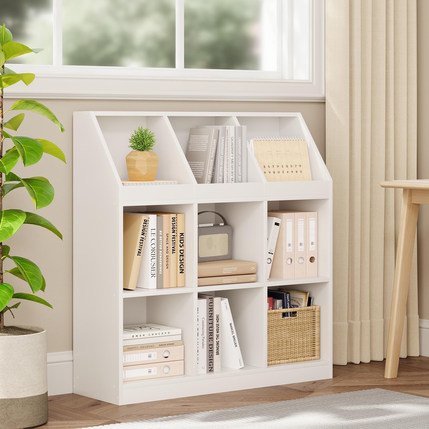 NELYE 9-Cube Wooden Storage Bookcase - 11-Inch Open Shelf Cabinet, Simple Modern Bookshelf Organizer for Home Office, Living Room, White