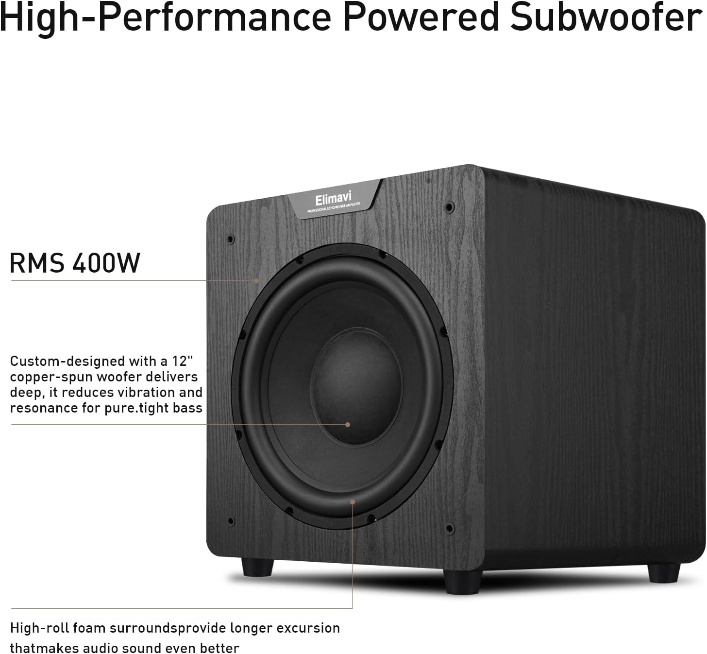 Front Firing Powered Subwoofer - 400W Deep Bass Home Theater Sub for Large Rooms - 12