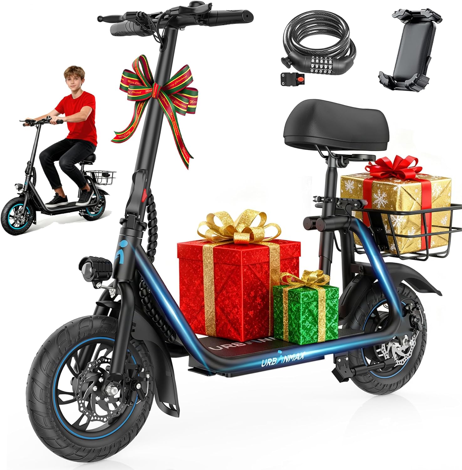 Urbanmax C1 Electric Scooter for Adults & Teens,20 Miles Range, 265 Lbs,Top Speed 16MPH, Wide Anti-Slip Deck for Commute, Groceries, Pets, Foldable Commuter Escooter with Seat and Basket