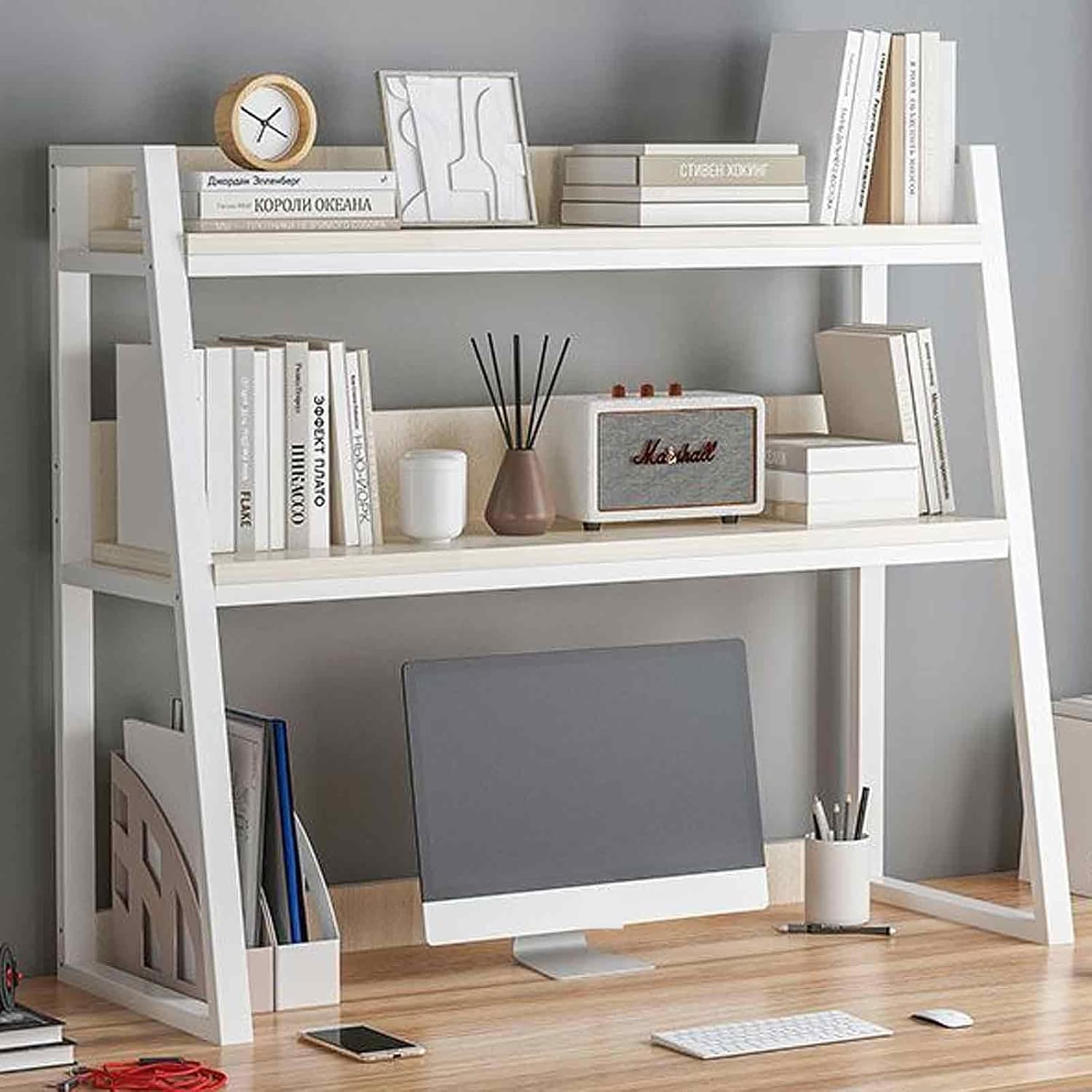 GLDWEY Ladder Bookcase Dorm Room Desk Hutch, Desk Hutch Dorm, Save Space, Bold Steel Frame, Environmental Protection Board Desktop Bookshelf Organizer
