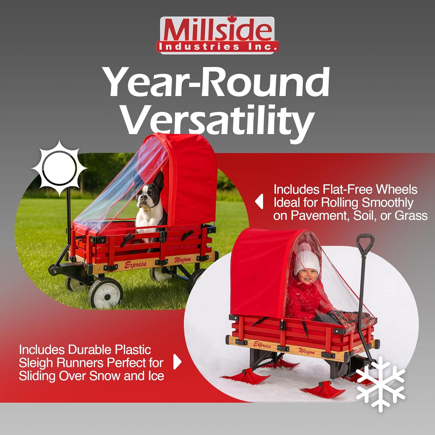 Millside Industries All Season Convertible Wood Wagon Cart with Flat-Free Tires, Sleigh Runners, Side Pads and Half Canopy with Plastic Cover Shield, Red, 16