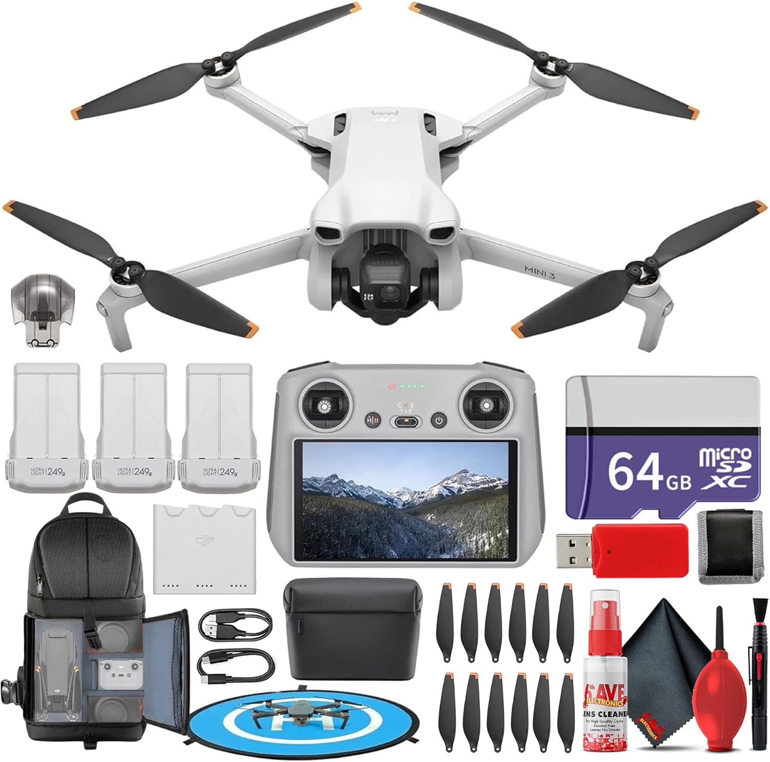 DJI Mini 3 with DJI RC Remote (Fly More Combo) (CP.MA.00000613.01) Lightweight Foldable 4K Camera Quadcopter Bundle + 64GB Card + BackPack + Landing Pad + Card Reader + More