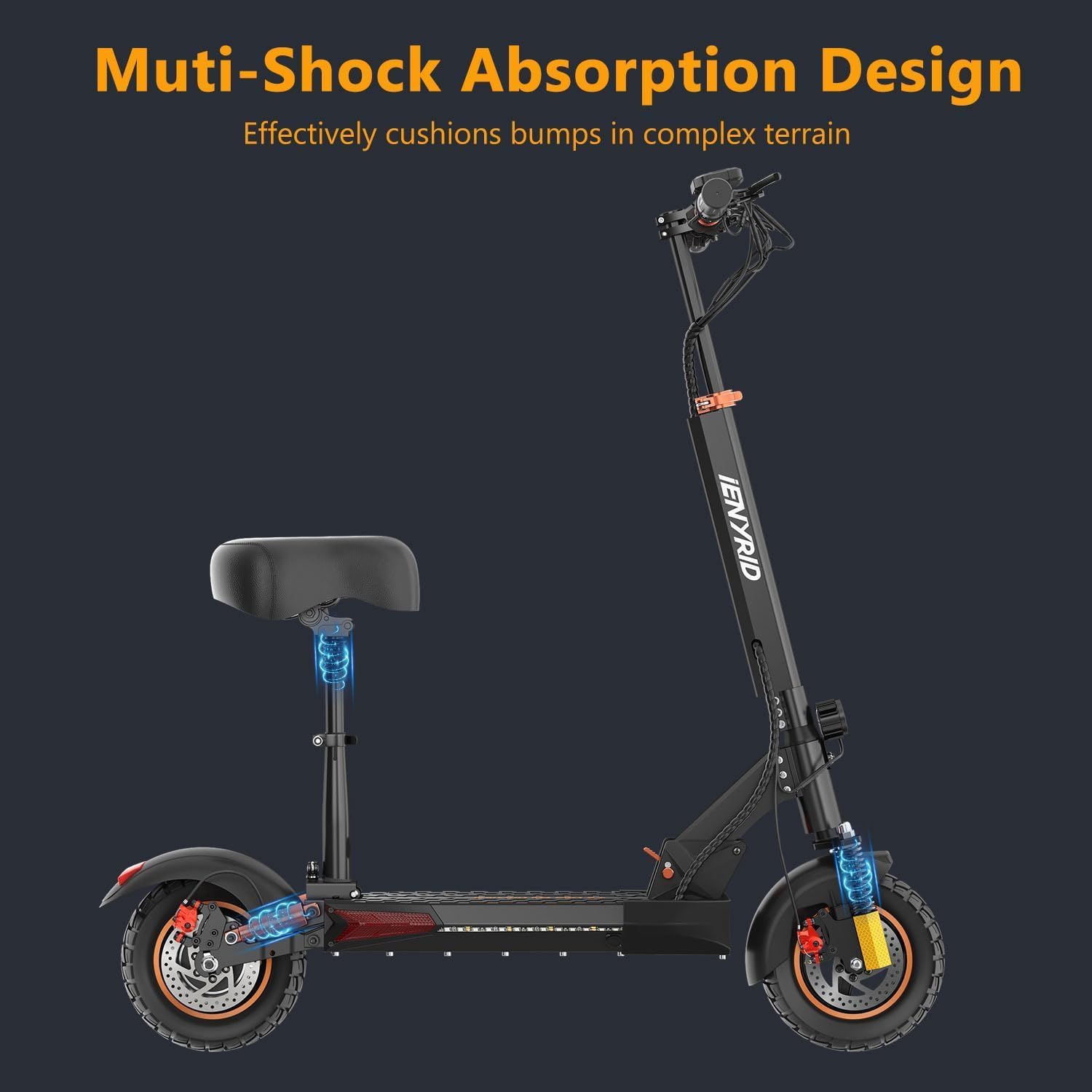 iENYRID Electric Scooter Adults, Commute E Scooter with Seat 1000w Peak Output Motor 28mph Fast Speed 30miles Max Range 10inch Air Tires, Dual Suspension, 48V/12.5Ah Battery Foldable Portable - Orange