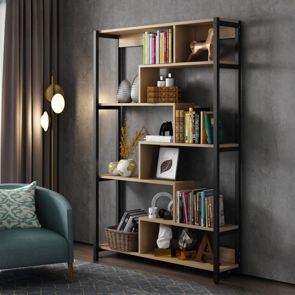LITFAD Geometric Bookshelf Steel Open Back Vertical Design Storage Rack Wood Bookcase for Office Living Room Study Room Bedroom, Walnut, 39