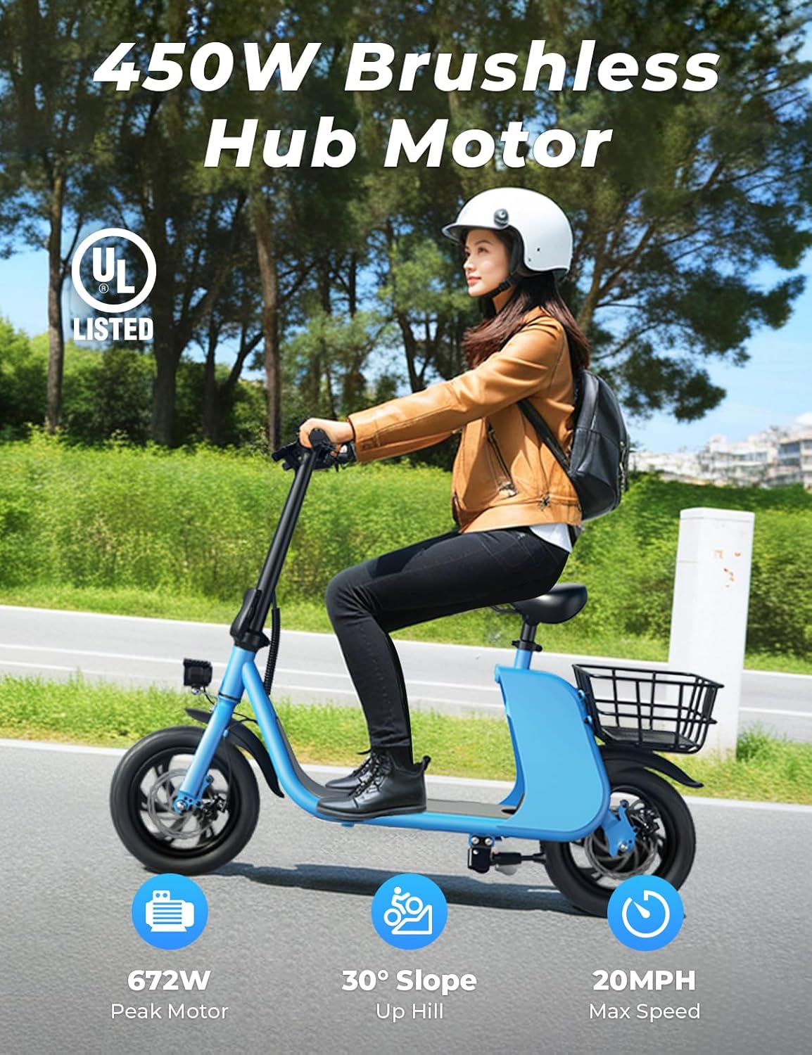 Windhorse Electric Scooter with Seat for Adults, 650W Peak Motor Up to 15.5 MPH & 20 Miles Range, Foldable Commuter E-Scooter with Dual Baskets for Pets & Cargo, 12.5