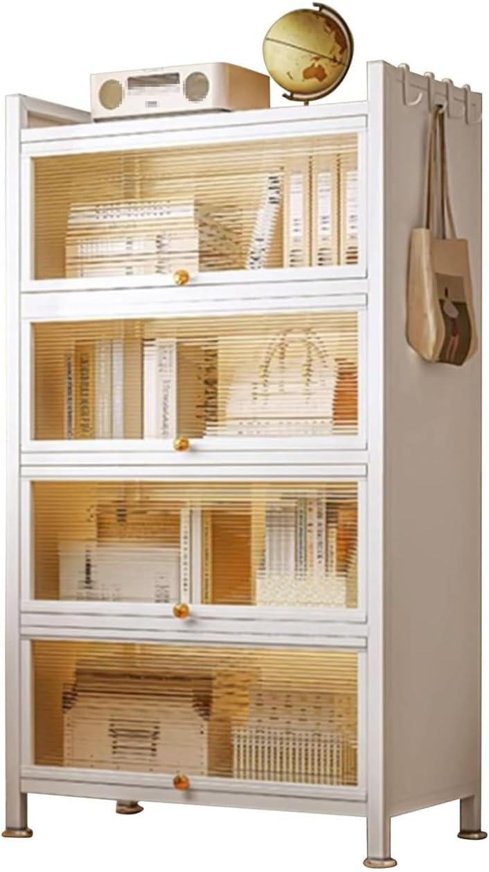SYALEO Steel Bookcase with Clear Acrylic Flip-Up Doors 3/4 Tier Display Case Free Standing Book Shelf Storage Organizer Bookshelf Kitchen Pantry Cabinet for Living Room