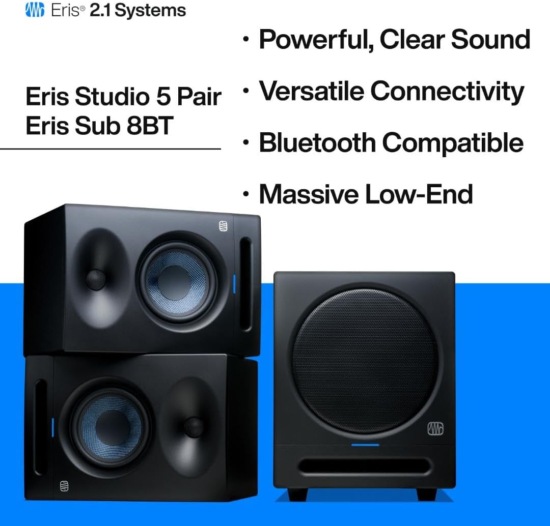 PreSonus Eris 2.1 Bluetooth Speaker System With Subwoofer - Studio 5 Monitor Pair & Sub 8 BT for Full Range Audio, Near Field Music Production, Desktop Computer, Hi-Fi Home Audio