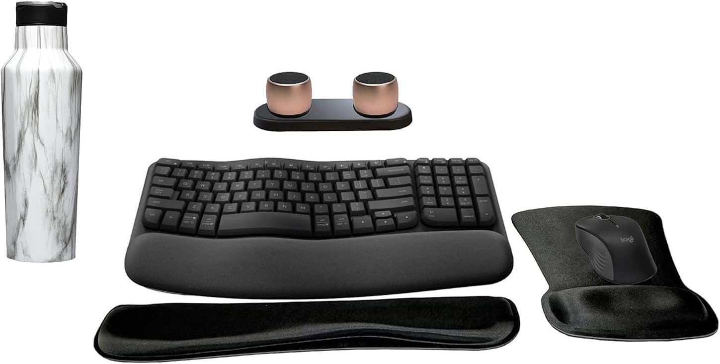 Logitech MK670 Comfort Wave Wireless Keyboard & Mouse Combo Travel Home Office Bundle with 2 Pro Portable Wireless Bluetooth Speakers, Charging Tray, Gel Wrist Pad, Gel Mouse Pad & 20oz Canteen