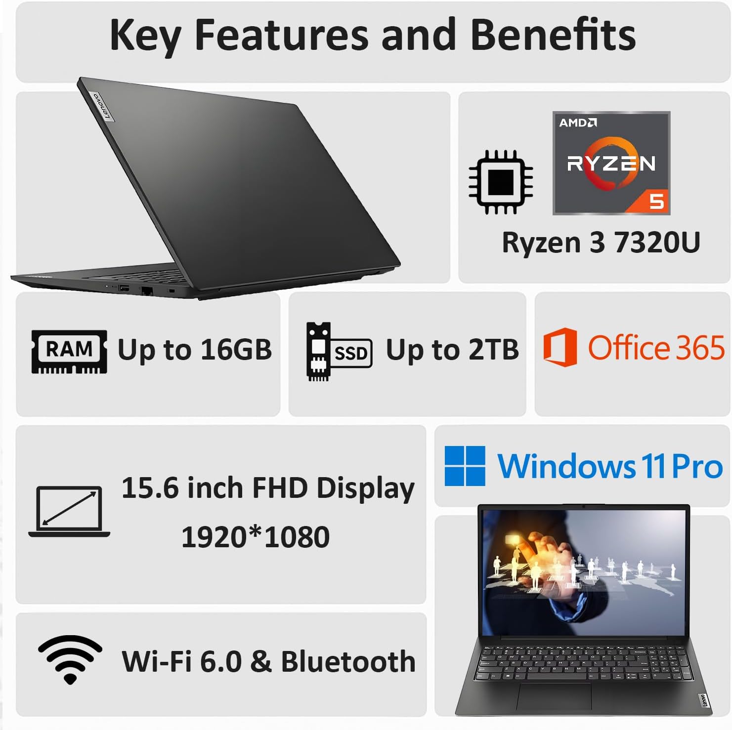 Lenovo 2026 V15 Laptop for Student & Business with Microsoft Office, AMD Ryzen 3 7320U (Beat i7-1065G7), 15.6'' FHD, Long Battery, 16GB RAM, 1TB SSD, Windows 11 Pro, No Mouse (Renewed)