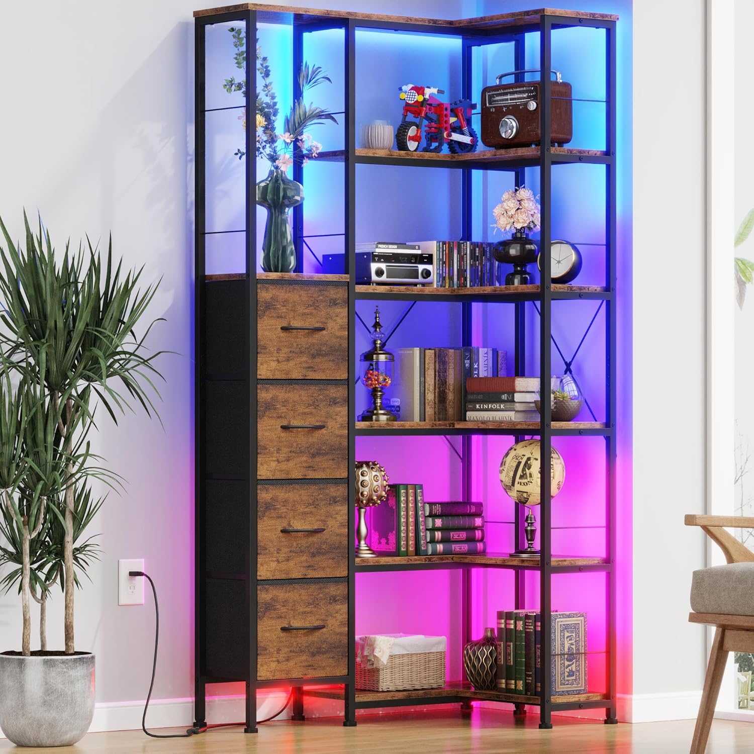 AFLUI Corner Bookshelf with LED Light Strips & 4 Fabric Drawers, 6-Tier Convertible Corner Shelf with Display Shelf, Large Wood Industrial Bookcase for Living Room, Bedroom, Home Office, Rustic Brown