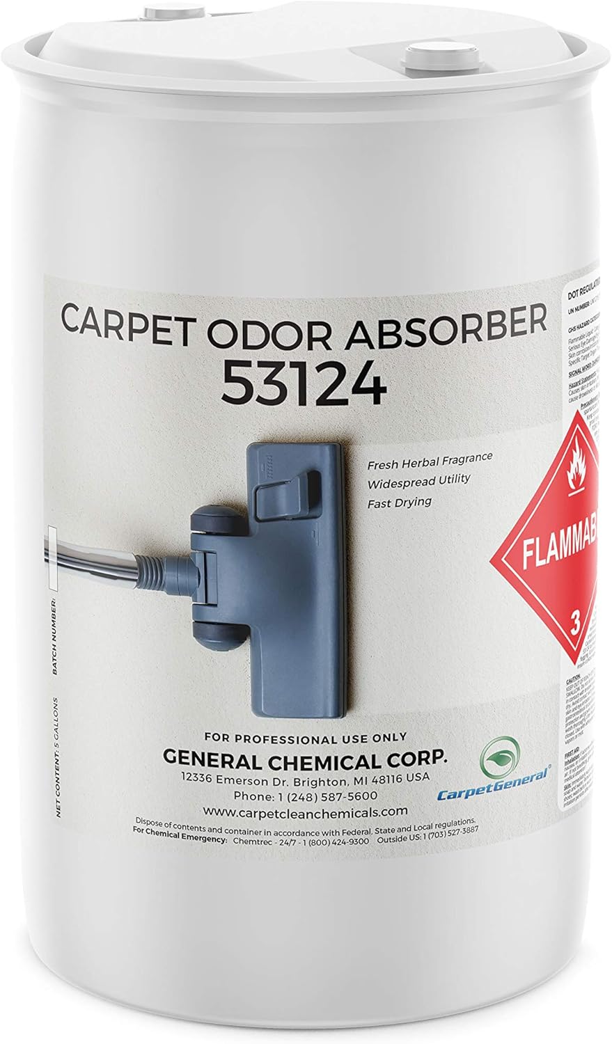CarpetGeneral - Carpet Odor Absorber 53124 - Neutralizer, Deodorizer and Eliminator - Carpets, Rugs and Upholstery - Biological, Pet, and Food Odors - Herbal Fragrance - Professional - 55 Gallon Drum