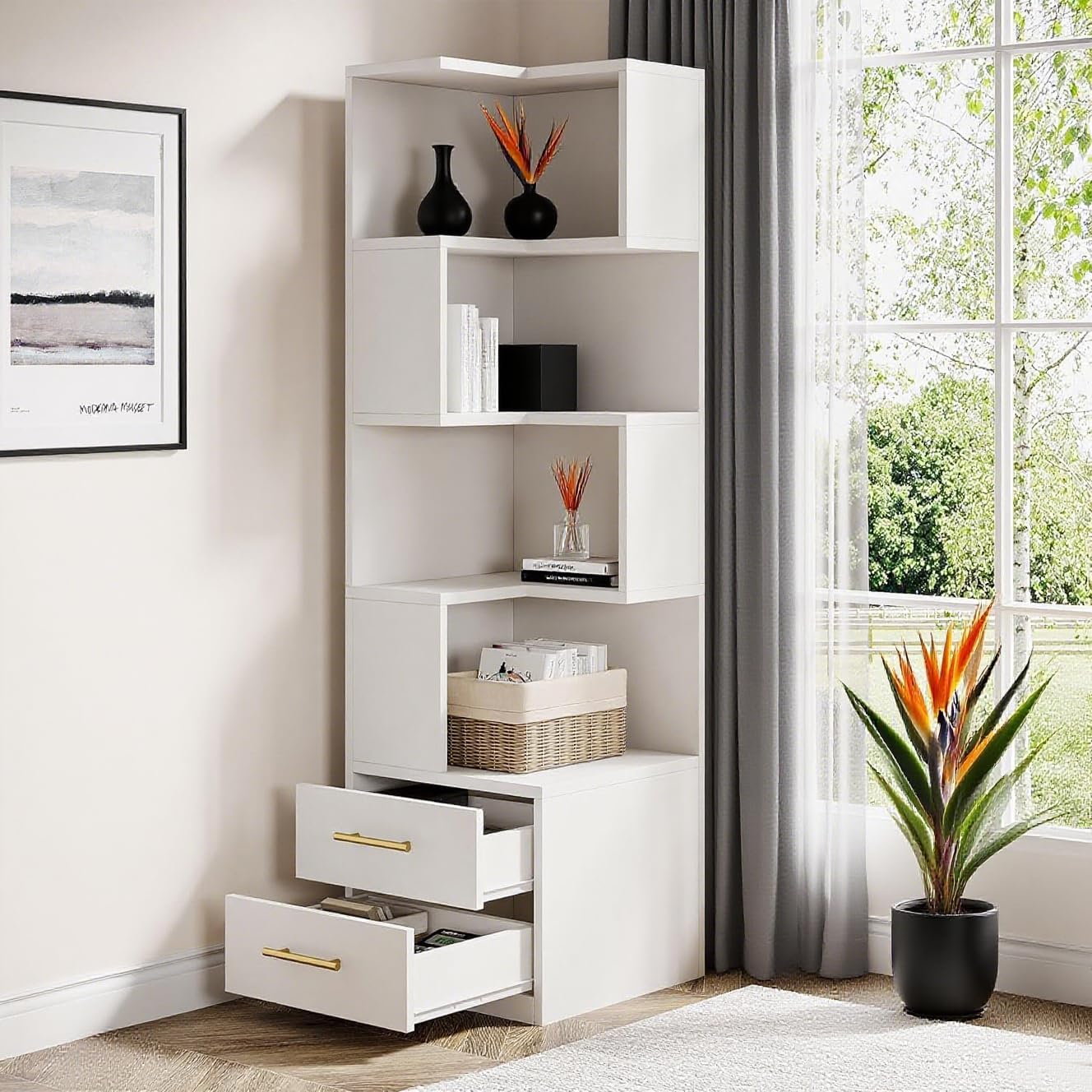 Lawrenis Design 5-Tier Corner Bookshelf with 2 Drawers, 66.9