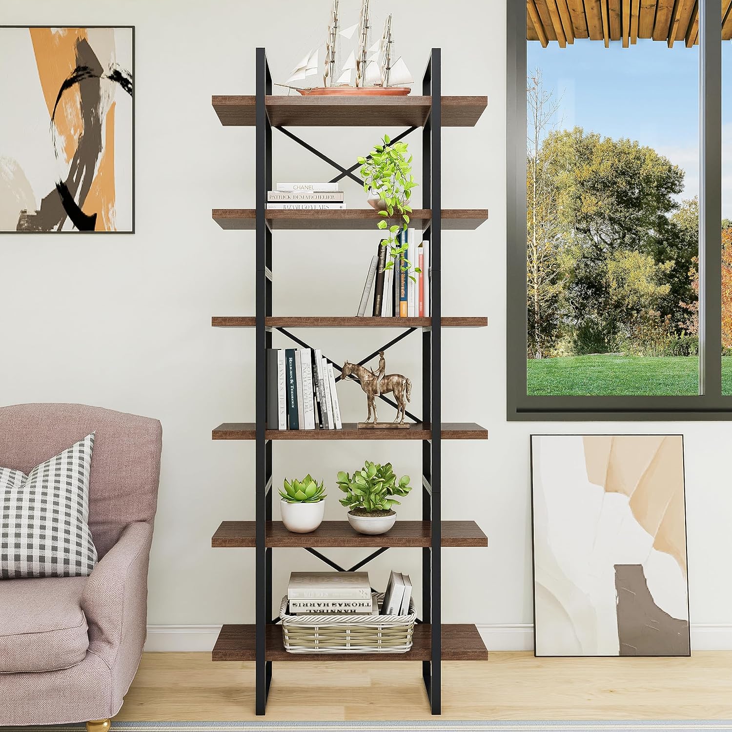 6-Tier etagered antigue Wood Shelf Bookcase with Black Metal Frame