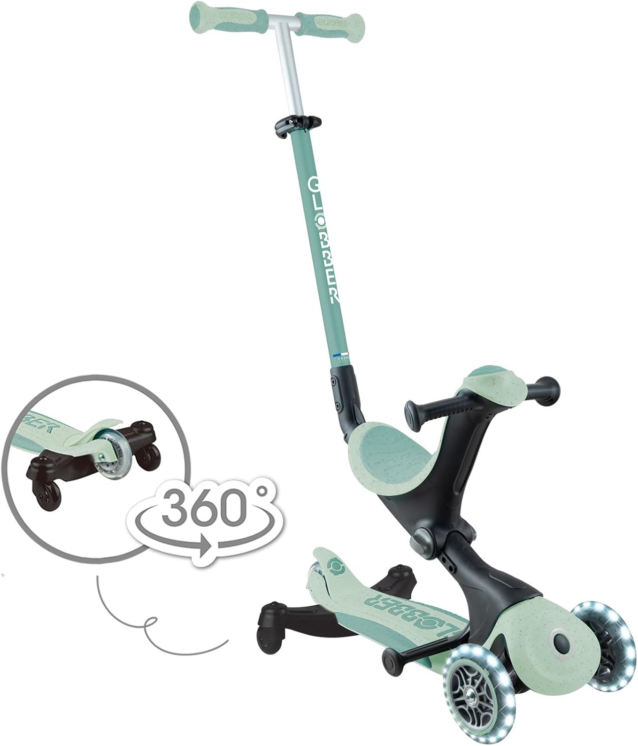 Globber - GO•UP Deluxe Lights ECO 360-3-Wheel Scooter with 360° Rotatable Seat, Footrest, LED and Durable Materials, 15 Months to 6 Years - Pistachio Green