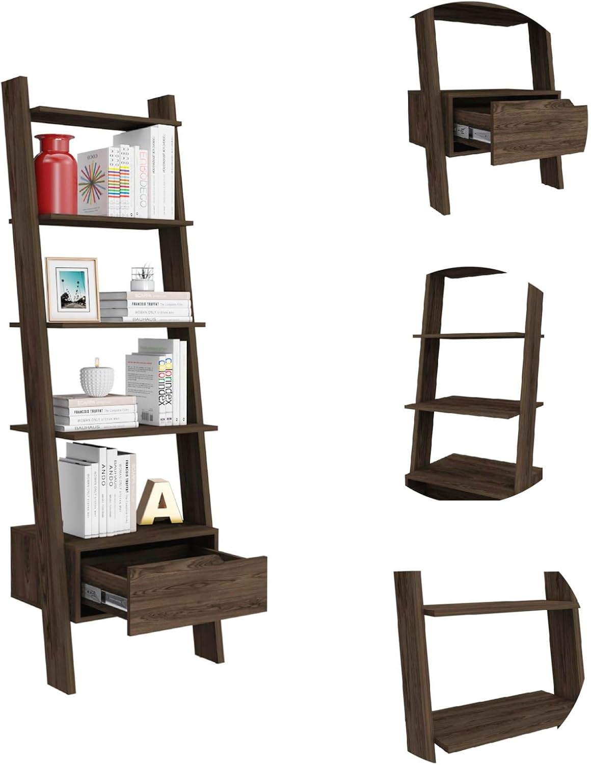 KCSWKJ Oslo Ladder Bookcase, Four Legs, One Drawer, Five Open Shelves -Dark Walnut