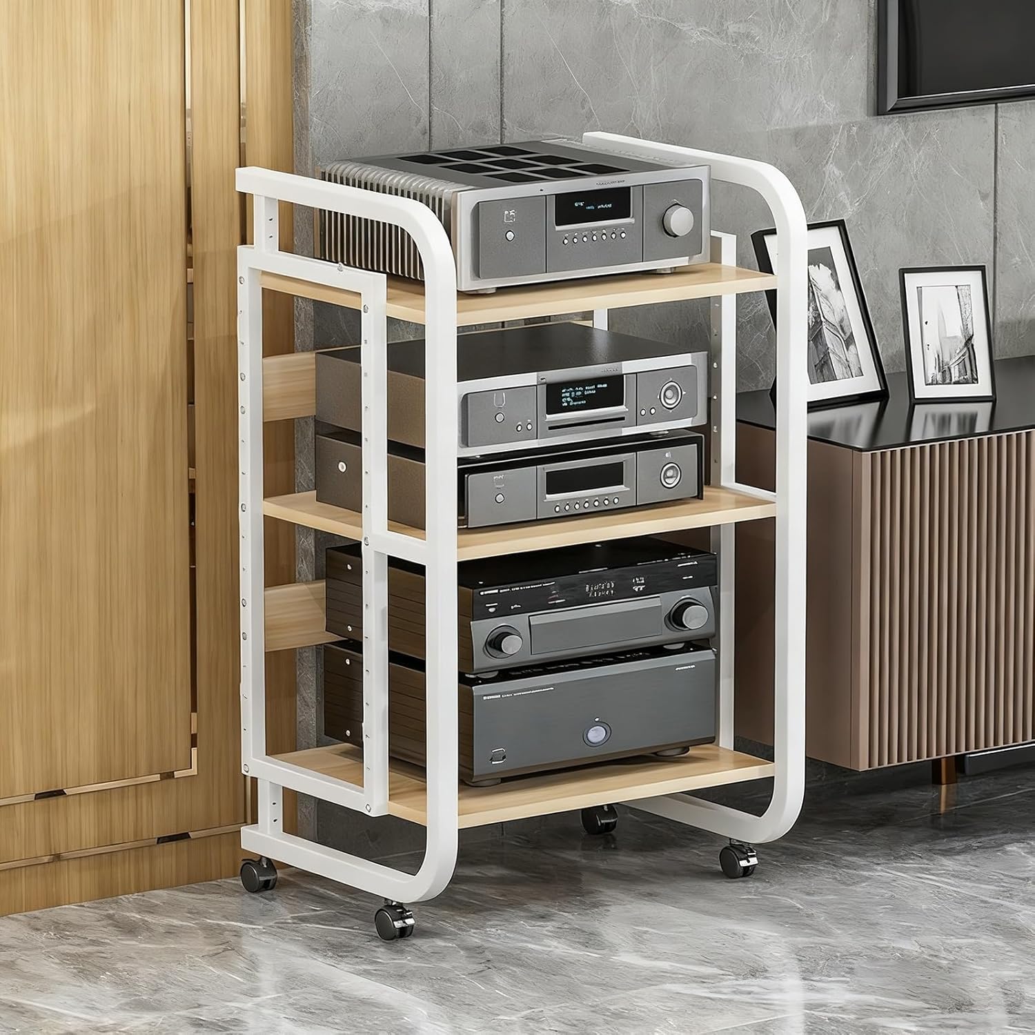 ZUGIATP 3/4/5 Tier AV Media Stand Home Stereo Rack Heavy Duty Stereo Racks and Stands with Height-Adjustable Shelf and Wheel Suitable for Living Room KTV Bar(C Type White