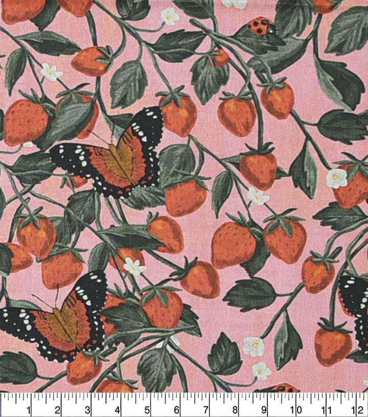 Brent Carlson Strawberry And Butterfly On Pink Quilt Cotton Fabric
