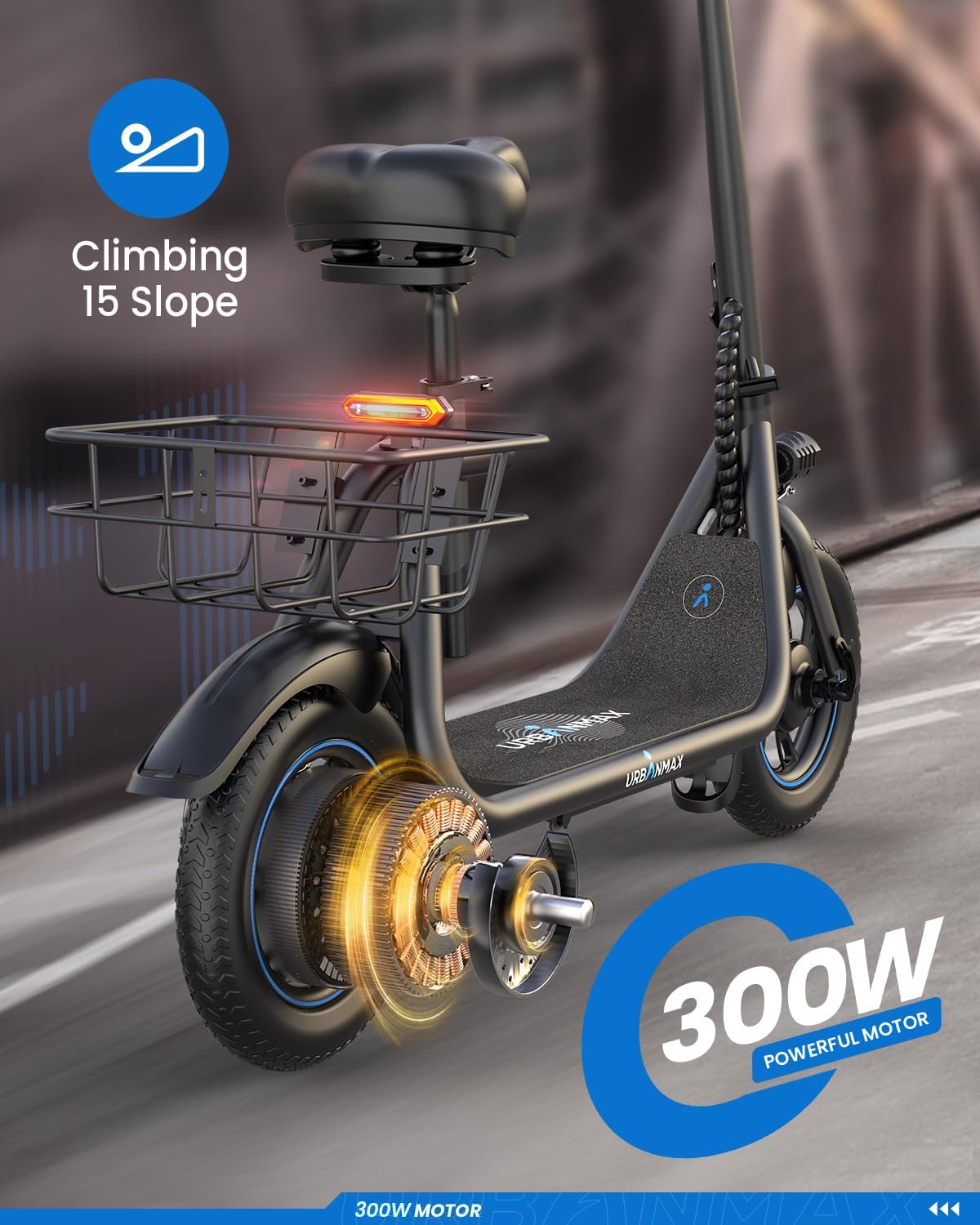 Urbanmax C1 Electric Scooter for Adults & Teens,20 Miles Range, 265 Lbs,Top Speed 16MPH, Wide Anti-Slip Deck for Commute, Groceries, Pets, Foldable Commuter Escooter with Seat and Basket