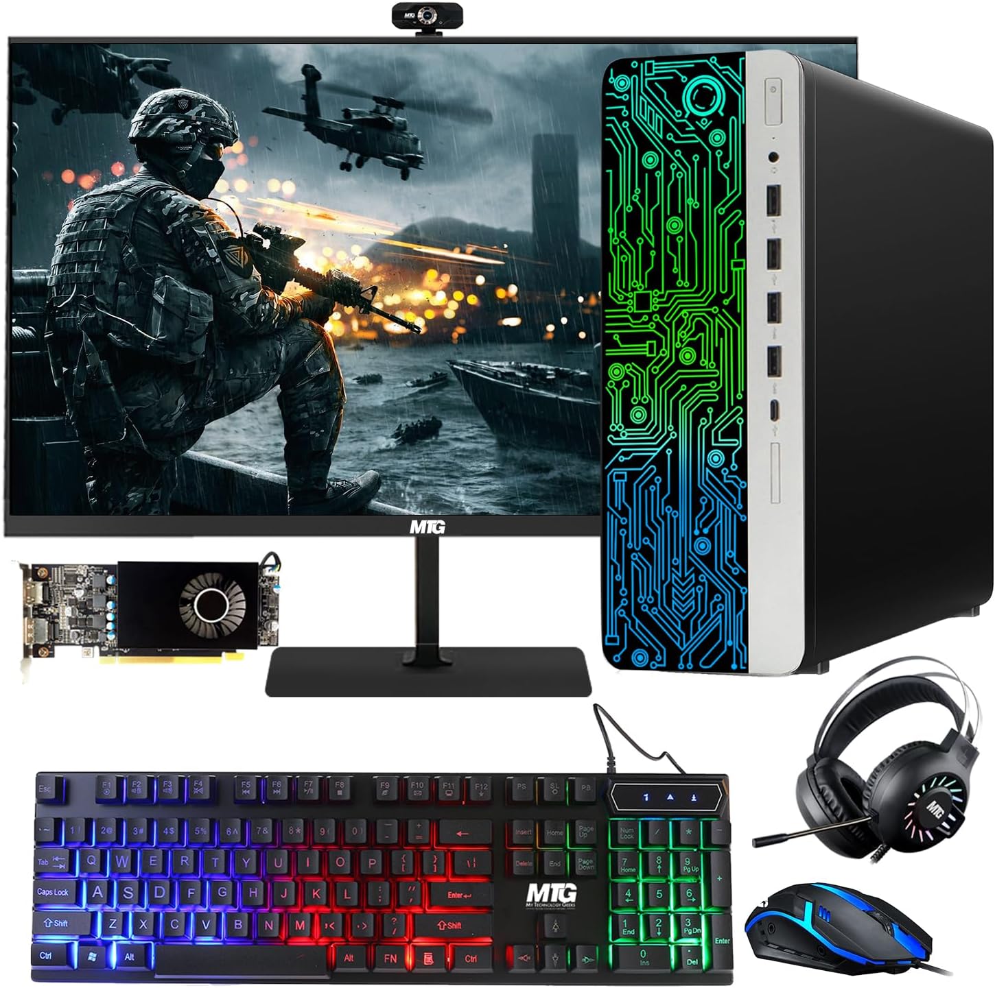 TechMagnet HP G3 Gaming Desktop PC, Intel Core i7 6th Gen, AMD RX 550 Graphics, 16GB RAM, 480GB SSD | 2TB HDD, 24 Inch Monitor, RGB Keyboard Mouse, RGB Headphone, Webcam, Windows 11 Pro (Renewed)
