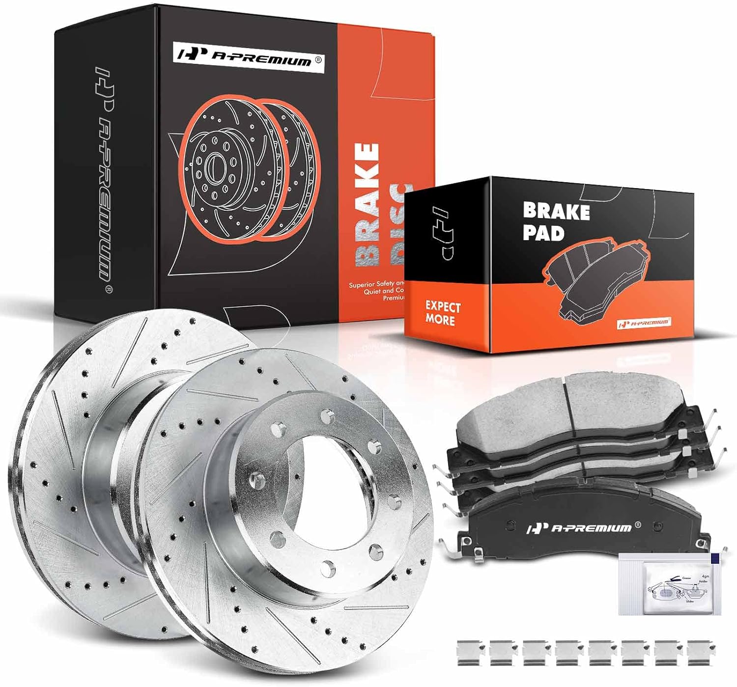 A-Premium 14.17 in (360 mm) Front Drilled and Slotted Disc Brake Rotors + Ceramic Pads Kit Compatible with Select Dodge and Ram Models - Ram 2500 & Ram 3500 09-10, 2500 & 3500 11-18, 6-PC Set