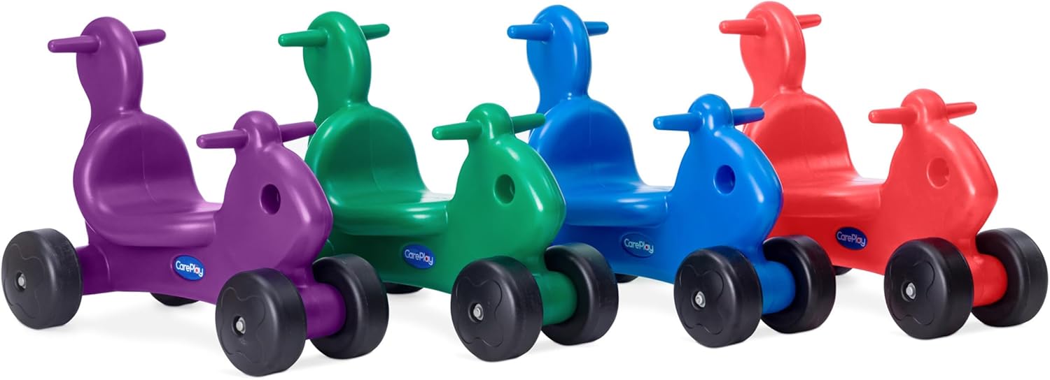 Careplay 2-in-1 Squirrel Push & Ride-on Toy, Indoor & Outdoor Use, Low Profile Seat, Recommended for Children up to 50lbs, Durable Construction, Made in The USA, 4-Pack, Blue, Red, Green, and Purple