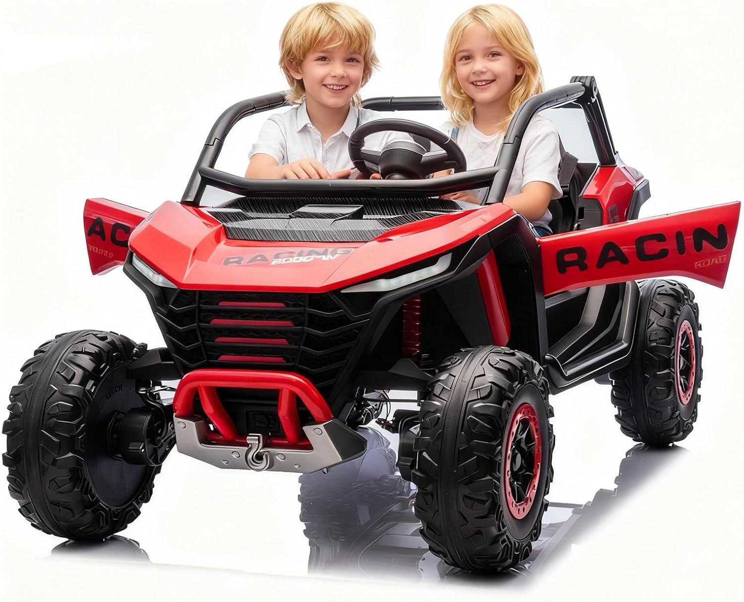 POSTACK 24V 7Ah 2 Seater Ride on Car with Remote Control for Boys Girls, Four Wheeler Side by Side UTV w/EVA Tires, 4WD/2WD, LED Lights, 4x125W Motors, Bluetooth,Red