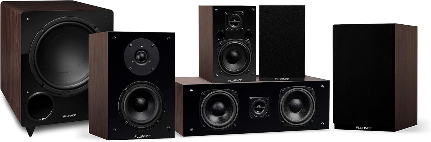 Fluance Elite High Definition Compact Surround Sound Home Theater 5.1 Channel Speaker System Including 2-Way Bookshelf, Center Channel, Rear Surrounds and DB10 Subwoofer - Walnut (SX51WC)