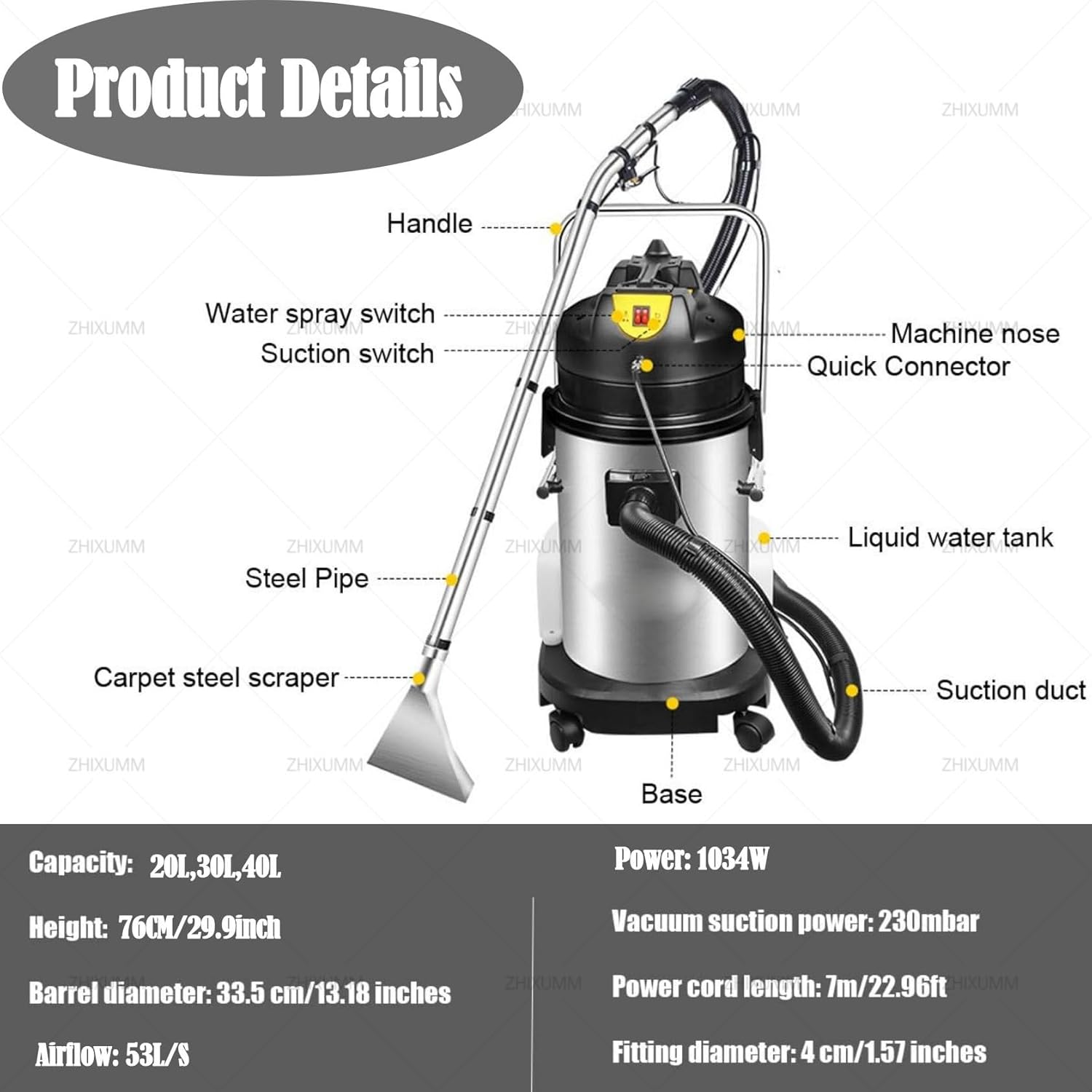 1034w Powerful Sofa Curtains Dust Cleaner, 2-In-1 Wet Dry Vacuum Cleaner, 40l/11gal Commercial Carpet Cleaning Machine,Vacuum Washing Machine With Long Flat/Dry/Water Vacuum Head And Round Brush