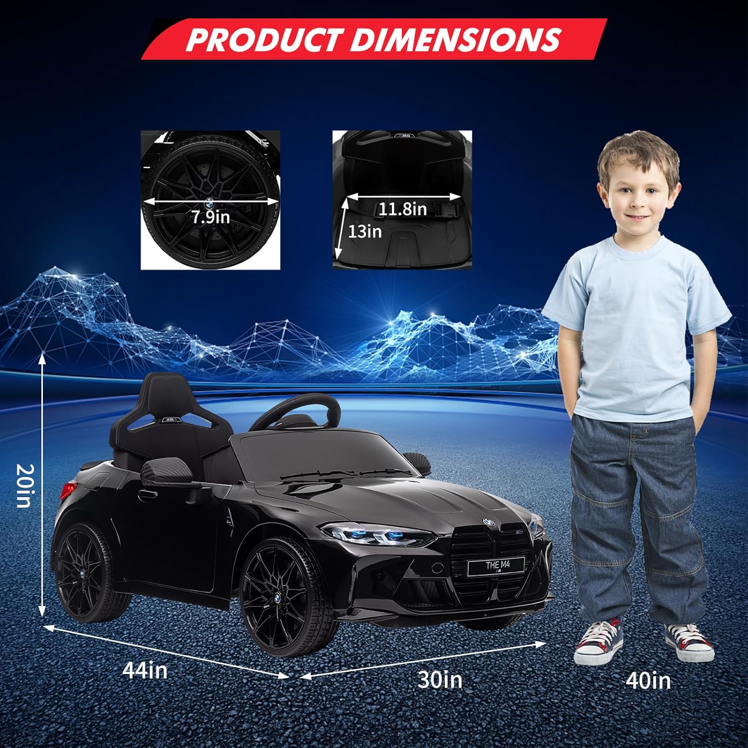 12V Kids Ride On Toy Car，Licensed BMW M4, Electric Kids Ride-On Car Powered Vehicle Car for Boys and Girls, W/USB, Mp3, Bluetooth, Led Light,Parents Remote Control, 3 Speeds, for Boys and Girls-Black
