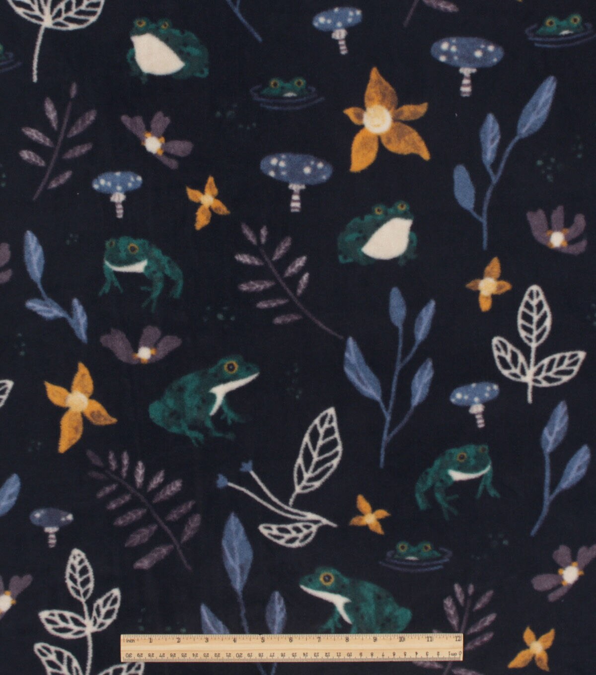Frogs & Leaves on Black Anti Pill Fleece Fabric