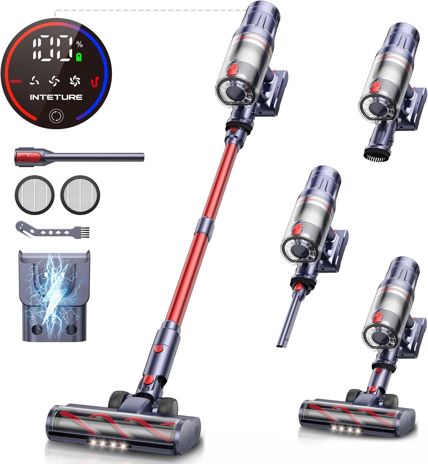 INTETURE Cordless Vacuum Cleaner, 600W 50Kpa 65Mins Vacuum Cleaners for Home, Self-Standing Stick Vacuum with Touch Screen & Wall Charging Station for Hard Floor Carpet Pet