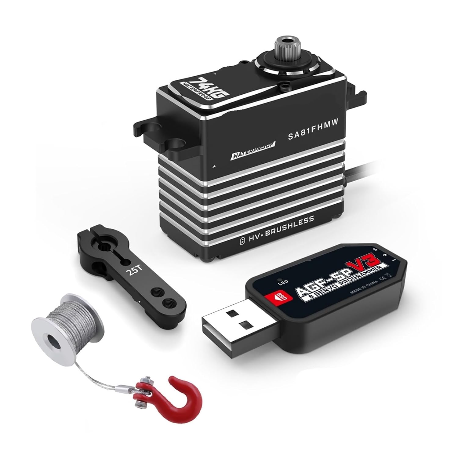 SA81FH HV 0.125Sec 74KG High Torque 4 Pole Brushless Motor IP67 Waterproof Programmable Conventional and Winch RC Servo(Winch Mode Set2)