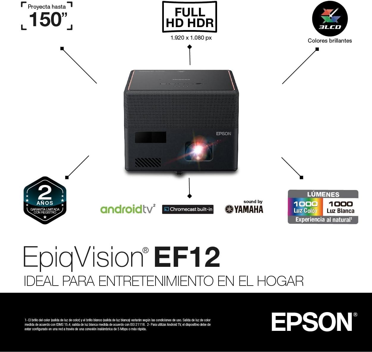 Epson EpiqVision Mini EF12 Smart Streaming Laser Projector, HDR, Android TV, Movies, Family Gaming, Portable, sound by Yamaha, 3LCD, Full HD 1080p, 1000 lumens Color & White Brightness Bluetooth Black
