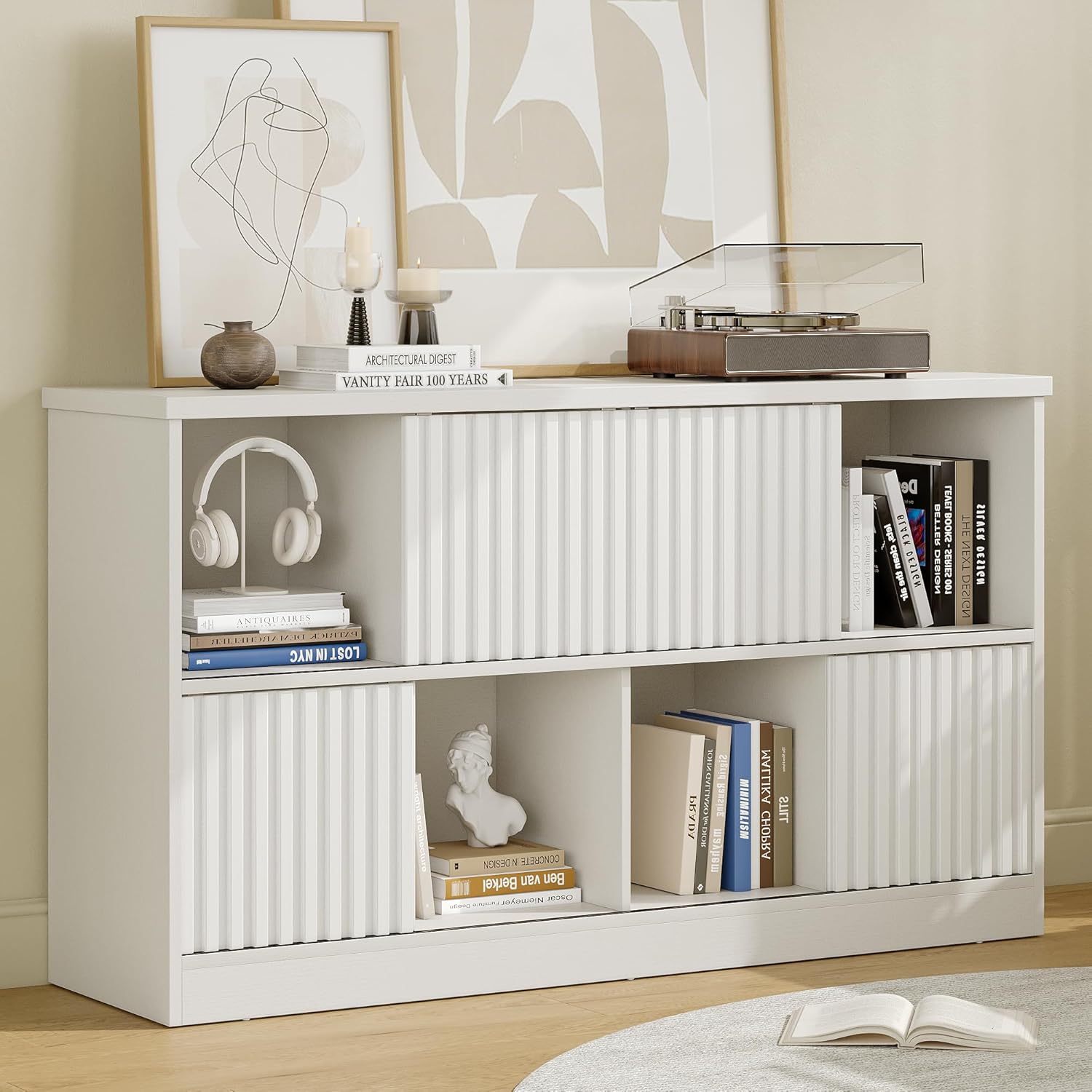 iPormis Bookcase 8 Cube Storage Organizer - 4 Fluted Sliding Doors, 2-Tier Wooden Bookshelf, 47.2