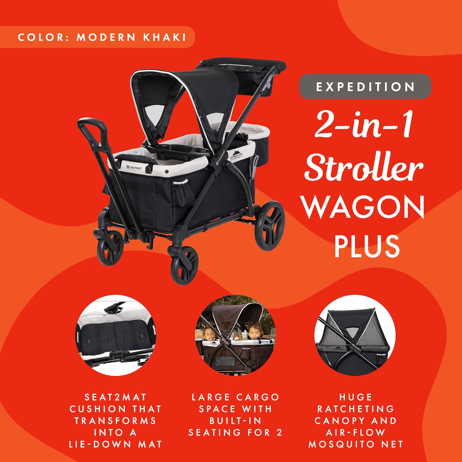 Baby Trend Expedition 2-in-1 Collapsible Stroller Wagon Plus with Canopy, Storage Basket, 2 Storage Trays, and 6 Bottle Holders, Modern Khaki