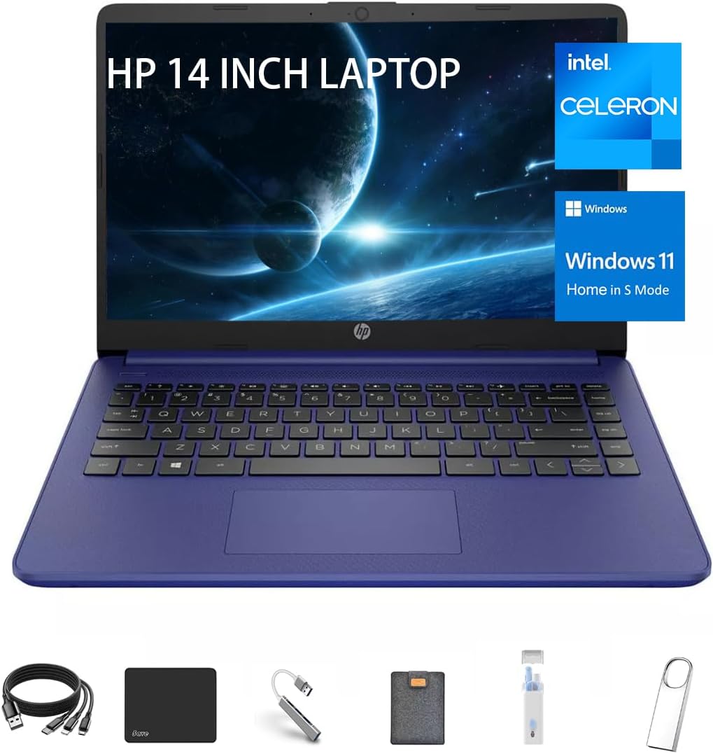 HP Stream 14 Inch Laptop for Student,HD BrightView Display,Intel Quad Core Processor,16GB RAM,64GB eMMC,Intel UHD Graphics,720p Webcam,Windows 11 S,Long Lasting Battery Life,with 5ave Accessories