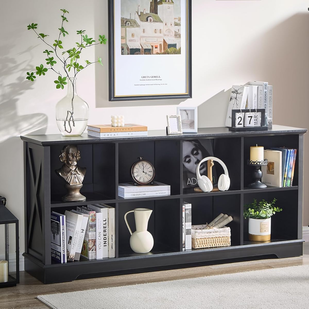 HDDDZSW Book Shelf, 8 Cube Storage Organizer, 2-Tier Open Shelf Wooden Bookcase, Freestanding Wood Cube Storage Bookshelf for Bedroom, Living Room, Home Office (Black)