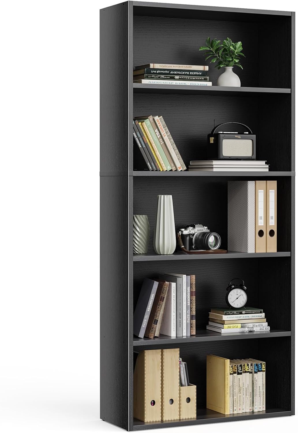 WZONICE98 Bookcase 5 Shelf Open Bookshelf Storage Organizer Cabinet Utility Racks Top Equipped with Iron Support Anti-Tip Feature for Home Office Living Room Bedroom Metal Wood Black