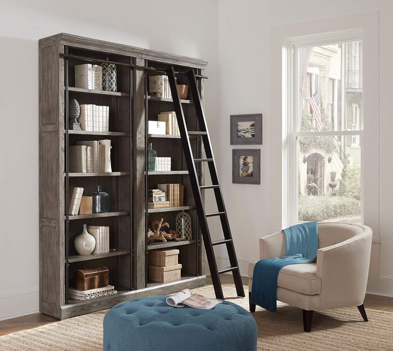 Martin Furniture Avondale 8' Tall Bookcase Wall with Ladder, Storage Organizer, Display Shelf for Office, Gray