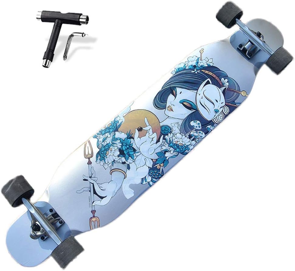 Longboard Cruiser Dancing Drop Through Freeride Skate Double Kick Deck Complete Board 107×22.5 cm with T-Tool High-Speed ABEC-7 Bearings 7 Layers of Maple for Youths Adults Kids Beginners (B)