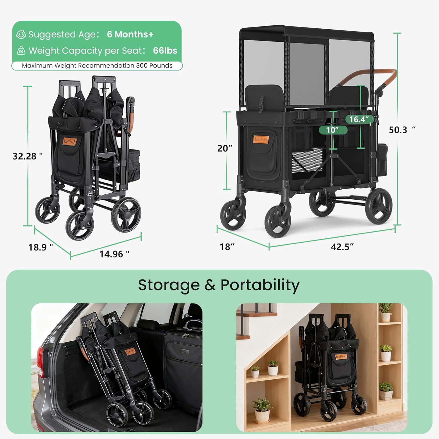 Wagon Stroller for 2 Kids - Double Seater Push Stroller with Canopy | Collapsible Foldable Wagon for Kids Toddlers & Infants with Removable Seat Pads