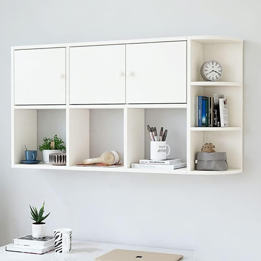 LITFAD Morden Bookshelf Open Wall Mounted Shelf Floating Bookcase with Door for Living Room, Bedroom and Study Room,White 47
