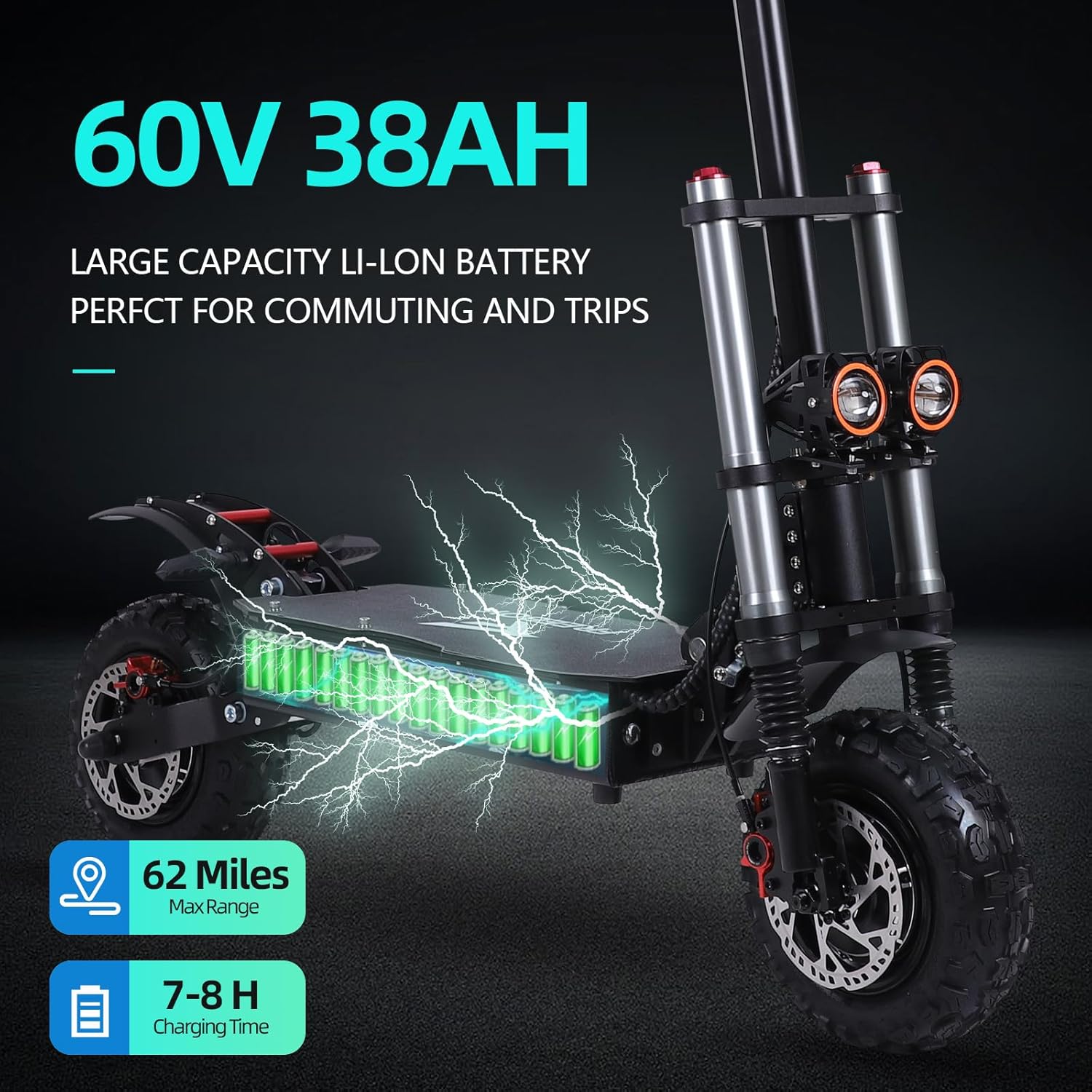 Super Off Road Electric Scooter Adults, 6000W Peak Motor, 63V 38Ah Battery, 53 Mph Max, Speed w/ 75 Miles Max Range, 11