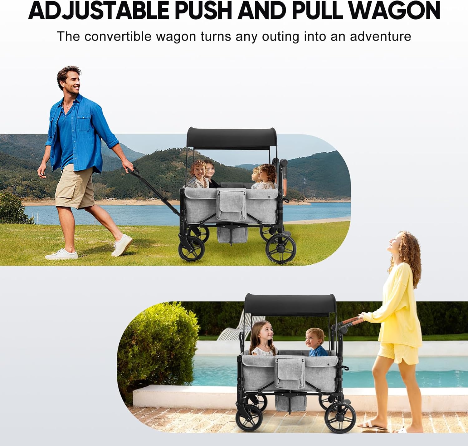 Stroller Wagon for 4 Kids, Foldable All Terrain Wagon for Kids, with Removable Canopy, Adjustable Push and Pull Handle, 5 Point Harnesses, Large Storage Bag (Gray)