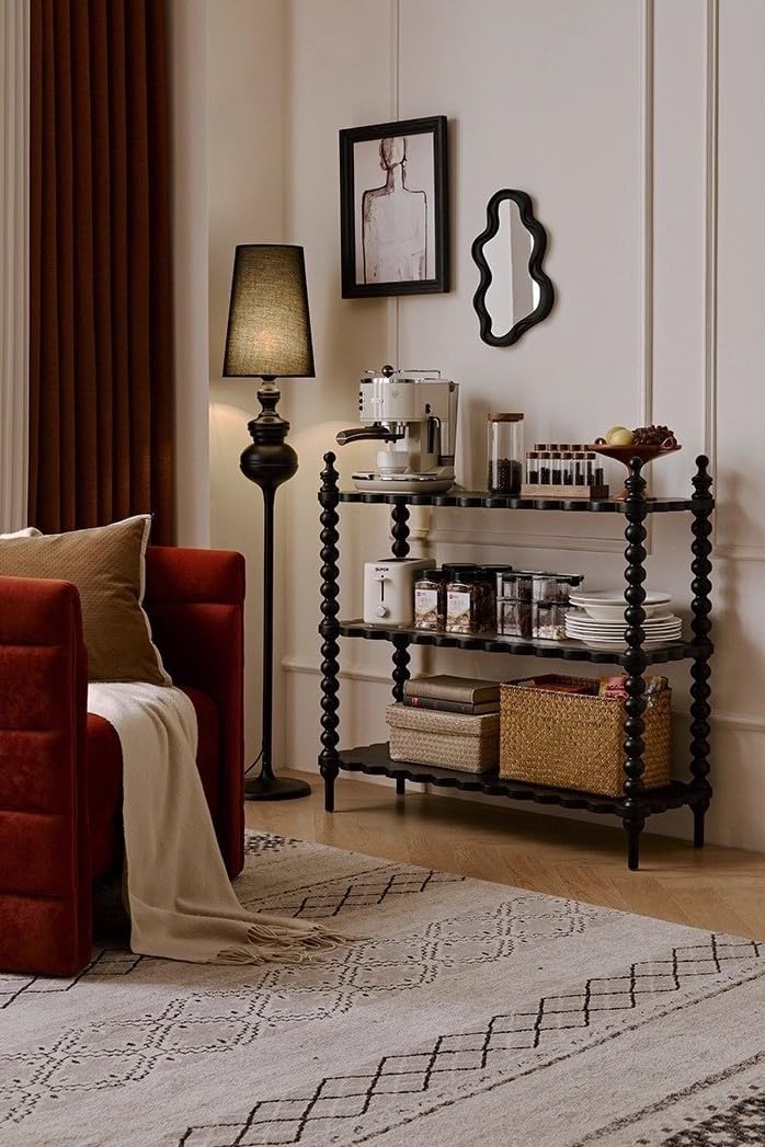 interoknack Vintage Cookie Solid Wood 3-Tier Side Shelf, Siam Black Large Edition – Scallop Edge Bookcase for Living Room/Entryway