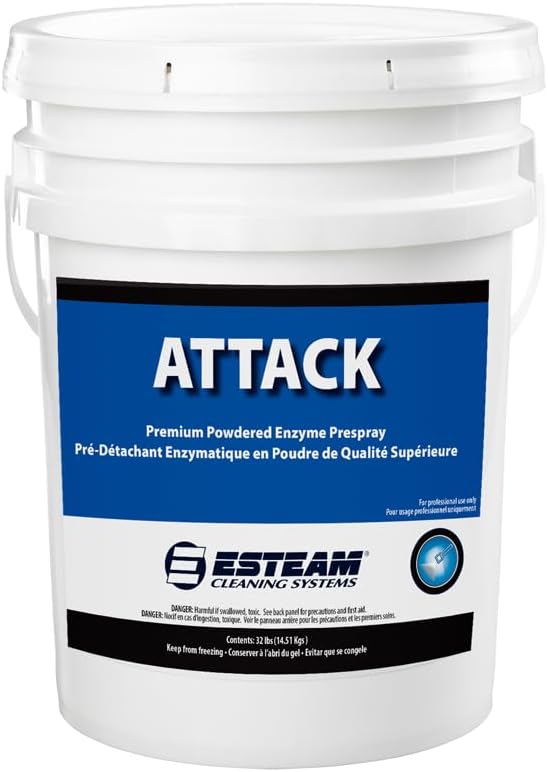 ESTEAM Attack Carpet Pre-Spray, Premium Powdered Enzyme Prespray and Pre-Conditioner, Effectively Removes Animal, Vegetable and Petroleum Oils, Cooking and Food Residues, 32 Lb Pail