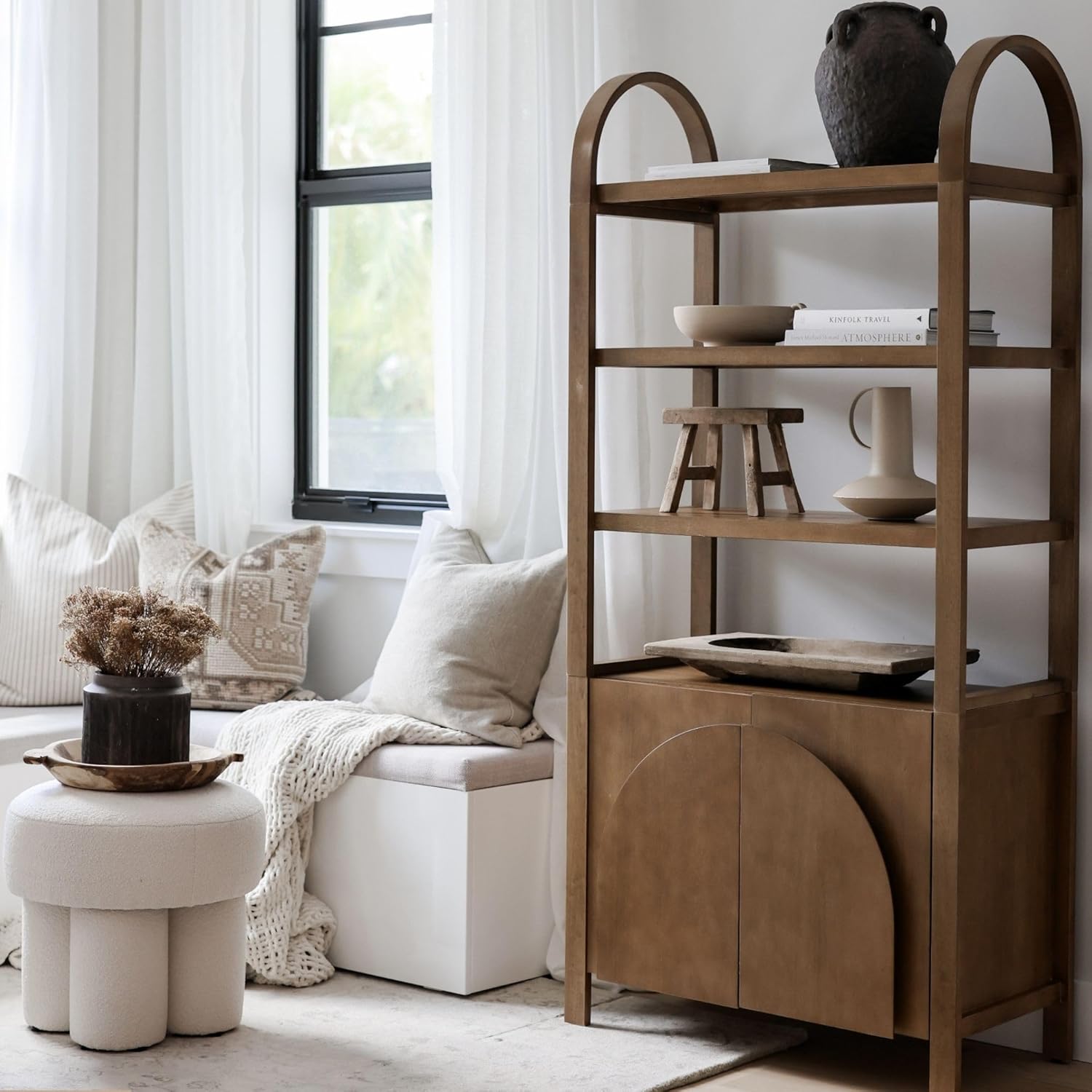 Nathan James Iris 3 Tier Bookshelf, Arched Bookcase Cabinet, Solid Wood Bookcase with Cabinet Base, Boho Bookshelf in Unbrushed Light Brown Finish, Set of 3