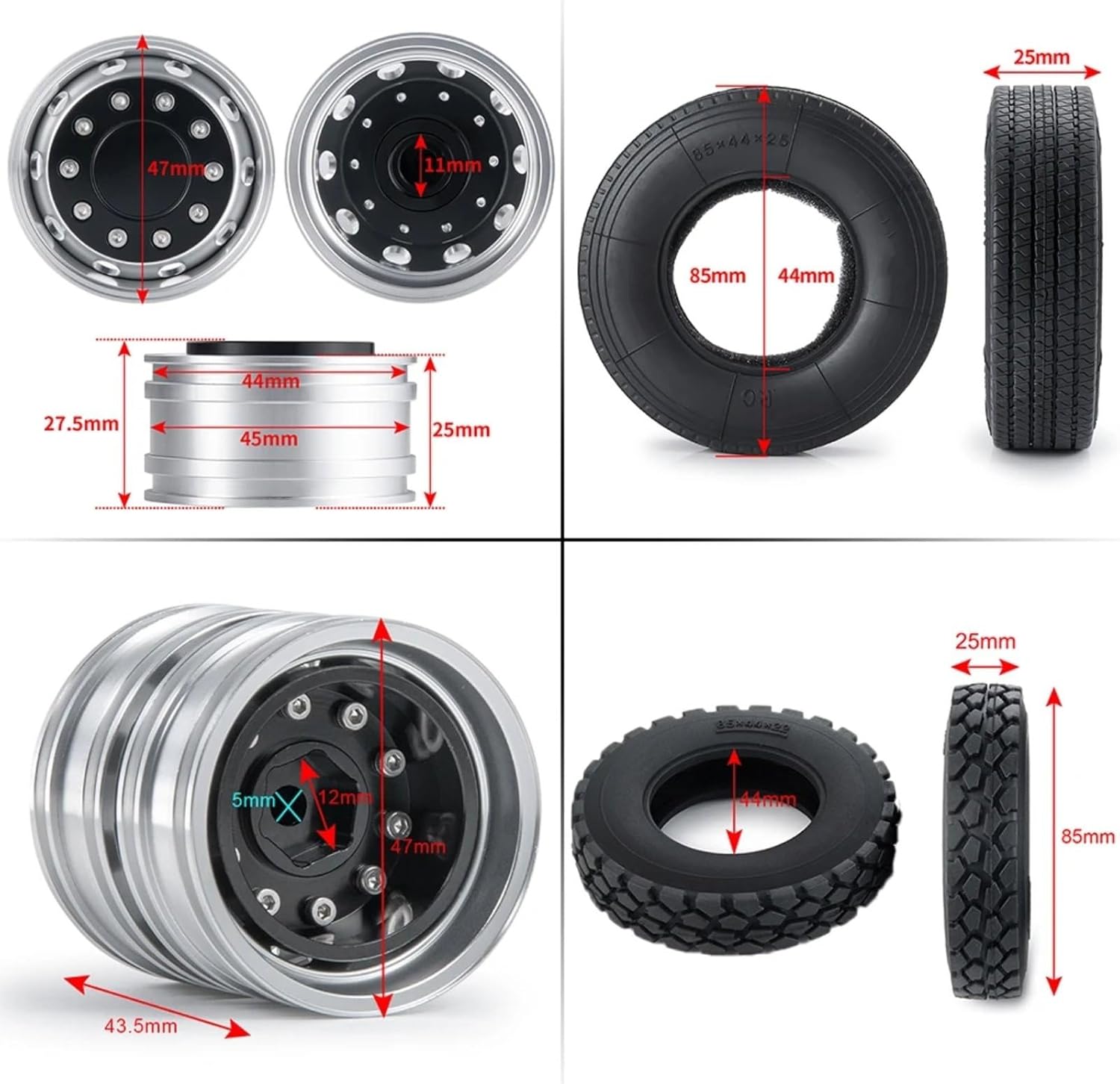 RC Car Parts for Tamiya 6x6 1/14 RC Car Upgrade Parts Wheels Rims Tires Set RC Tractor Truck Trailer Cargo Truck Engineering Long Vehicle Parts