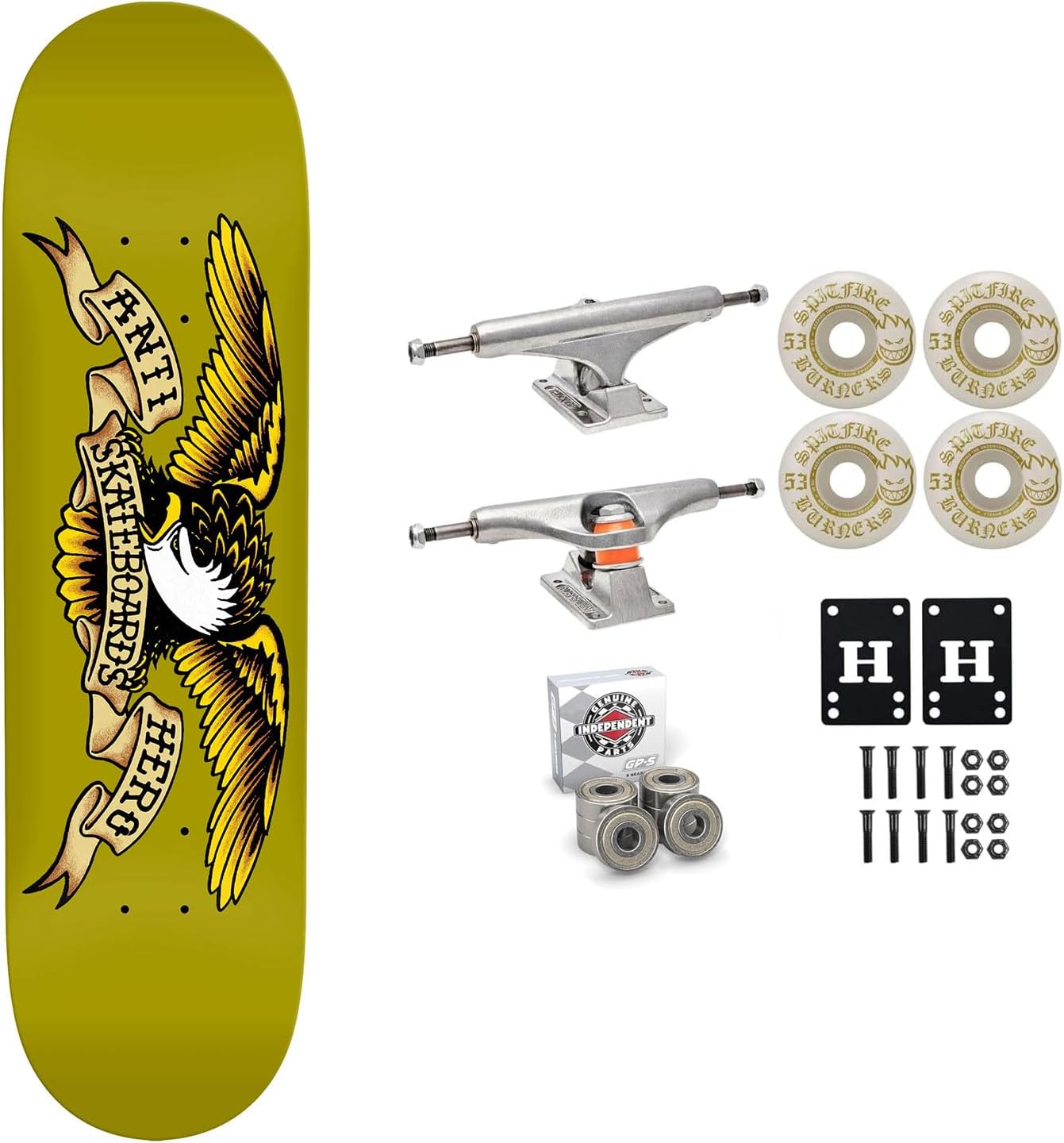 Anti Hero Professional Skateboard Complete with Independent Trucks, Spitfire Wheels, Independent Bearings, Mounting Hardware, and Risers - Premium Assembly Kit