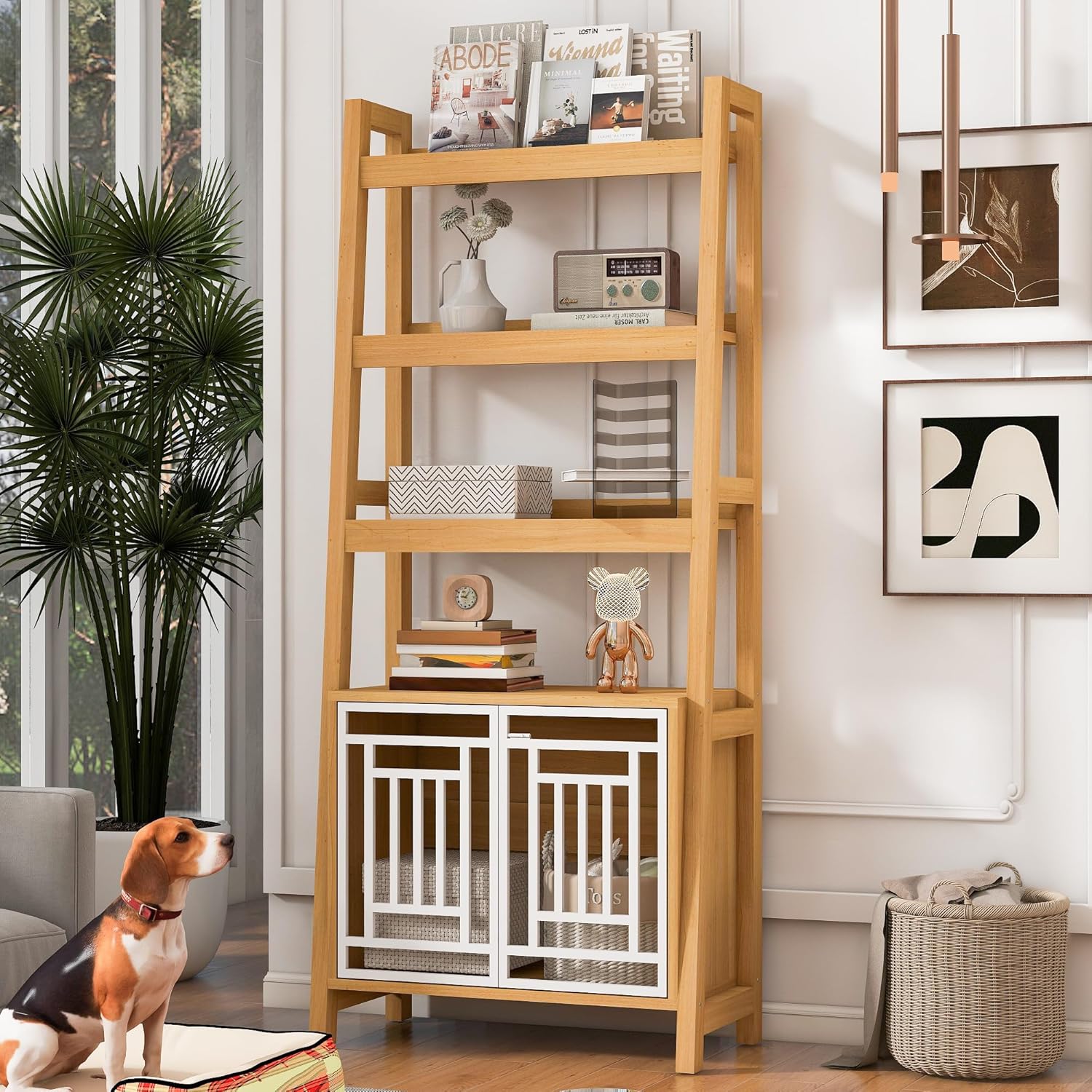 VIHLCYDA Modern 2 in 1 Dog Furniture Dog Crate Ladder Bookshelf, Tall Wood Display Shelf with Storage, Dog Kennel Bookcase for Small-Sized Dogs up to 50lbs, 32.5
